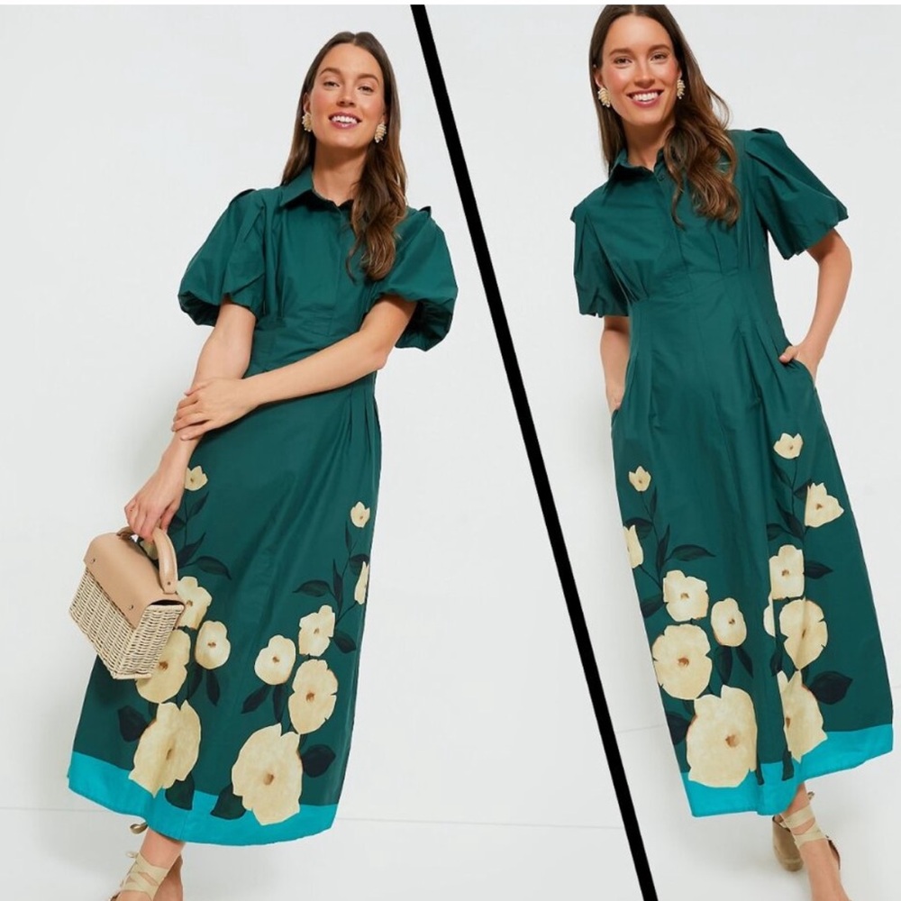 Tuckernuck NEW Aegean Blossoms Delaney Puff Sleeve Green Maxi Dress Size Large